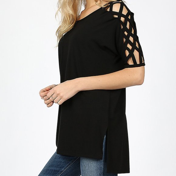Zenana Outfitters Tops - Black  Lattice short sleeve tunic NWOT